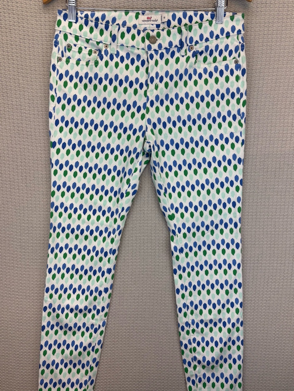Vineyard Vines Pants Women 10 White Blue Green Polka Dot Stretch Skinny Retro